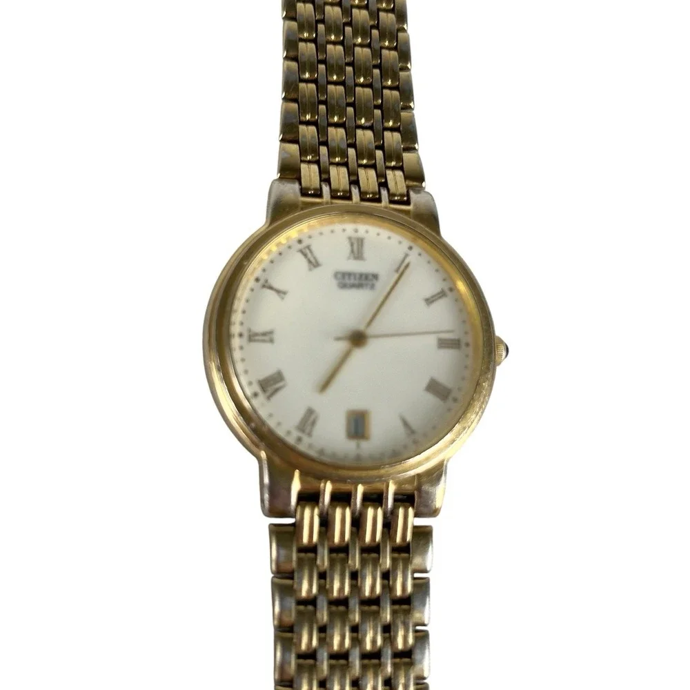 Vintage Citizen Quartz Gold Tone Watch Roman Numeral Date Classic Dress